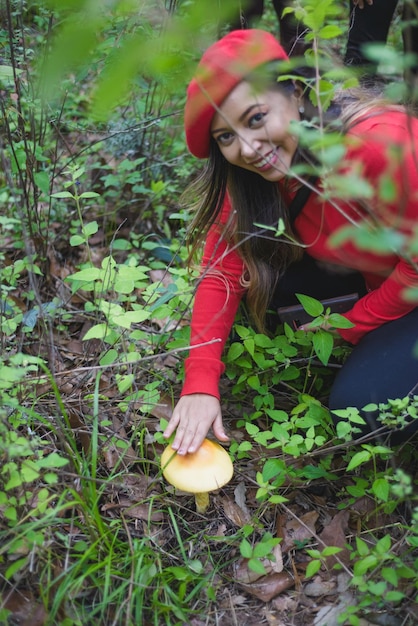 Pessoa coletando cogumelos no meio da floresta