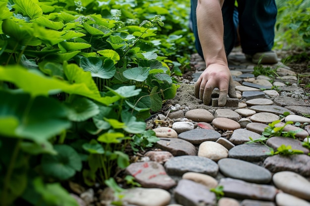 Pessoa colocando um caminho de paralelepípedos através de uma vegetação esmeralda