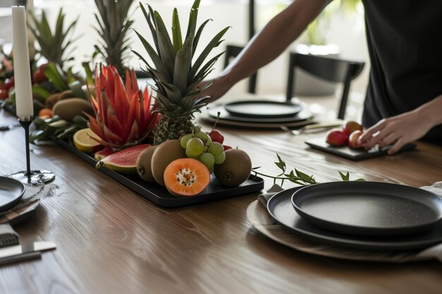 Foto pessoa colocando uma mesa minimalista moderna com um centro de frutas exóticas