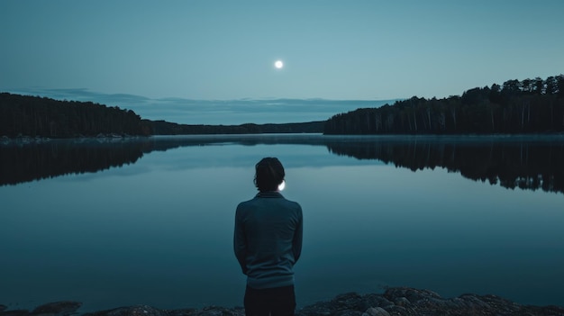 Foto pessoa com as costas vendo o reflexo da lua em um lago calmo à meia-noite generativo ai