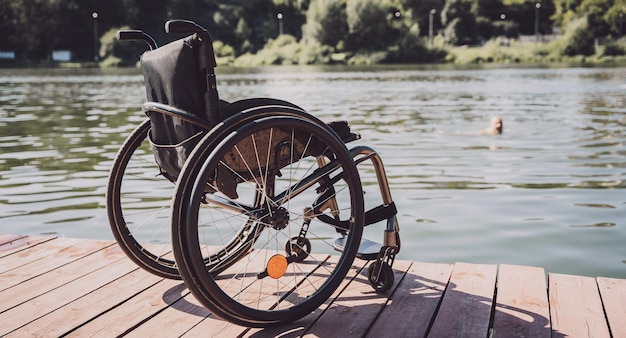 Pessoa com deficiência física nadando no rio enquanto sua cadeira de rodas espera no cais