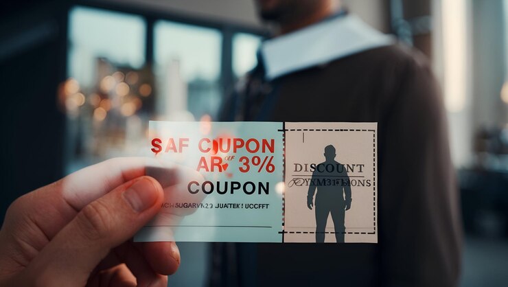 Foto pessoa com dupla exposição futurista integrada com símbolo de cupom de desconto para promoções de poupança