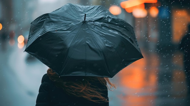 Pessoa com guarda-chuva na neve contra luzes laranjas