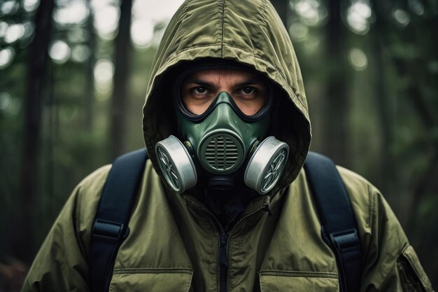Pessoa com máscara de gás em floresta misteriosa