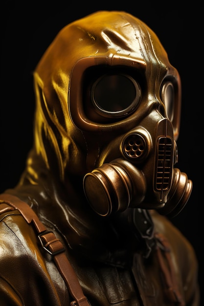 Pessoa com máscara de gás no estilo ouro escuro Um close-up do homem na máscara de gás Ataque tóxico
