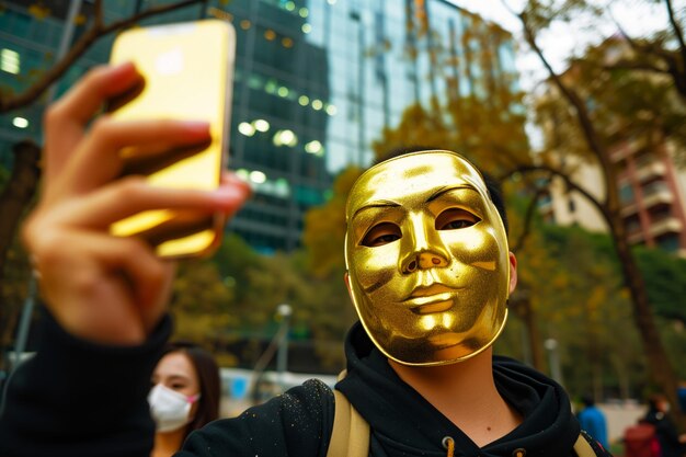 Foto pessoa com máscara dourada tirando selfie com smartphone