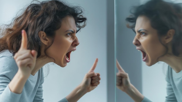 Pessoa com raiva aponta e grita para sua imagem no espelho mostrando intensa emoção
