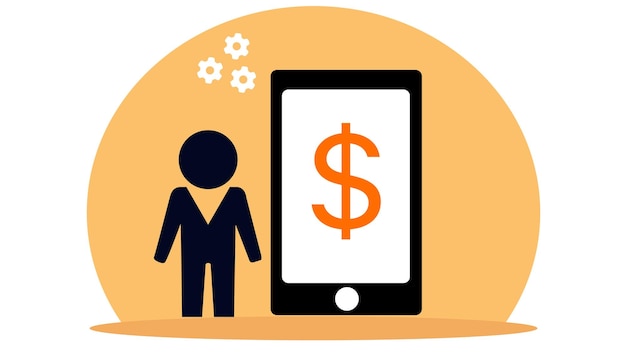 Pessoa com smartphone exibindo um sinal de dólar em um fundo branco