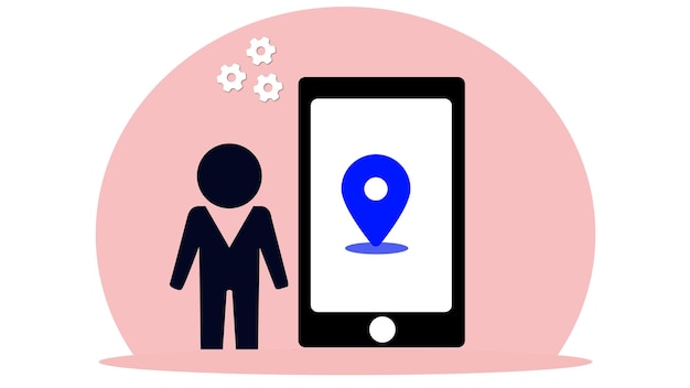 Pessoa com smartphone exibindo uma localização cantando em um fundo branco