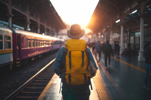 Pessoa com uma mochila caminhando em direção a um trem