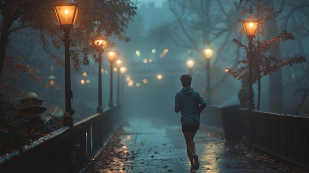 Pessoa correndo na chuva à noite