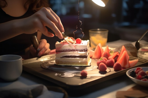 Foto pessoa cortando um pedaço de bolo com uma faca adequada para alimentos e conceitos de celebração