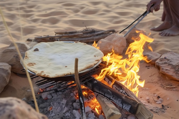 Pessoa cozinhando pão plano em uma fogueira aberta no deserto