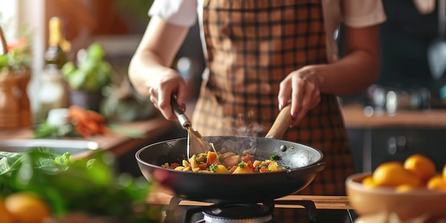Foto pessoa cozinhando vegetais coloridos em uma frigideira mostrando uma preparação de refeição saudável