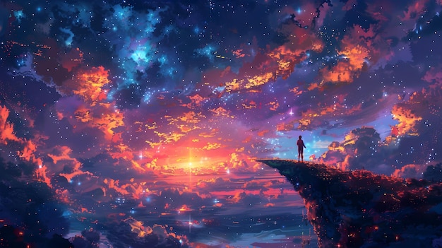 Pessoa de Arte de Pixel de pé na Ponte de Luz sobre o Abismo Estrelado