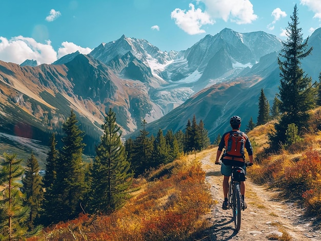 Pessoa de bicicleta com bicicleta em uma estrada florestal nas montanhas em um dia de primavera