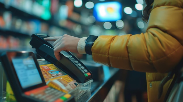 Pessoa de casaco amarelo usando um smartwatch para fazer um pagamento sem contato em um terminal de checkout em