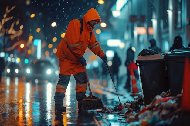 Pessoa de casaco laranja limpando uma rua