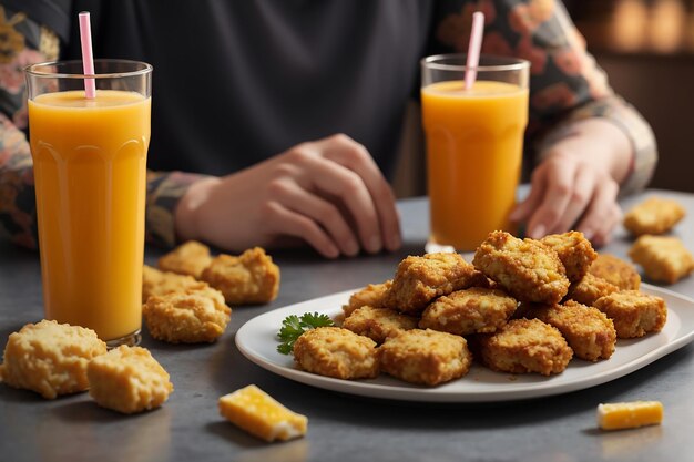 Pessoa de close-up com nuggets e copo de suco