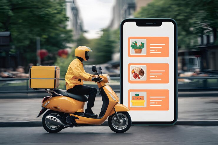Foto pessoa de entrega em scooter amarelo com smartphone de fundo desfocado com itens de comida exibidos