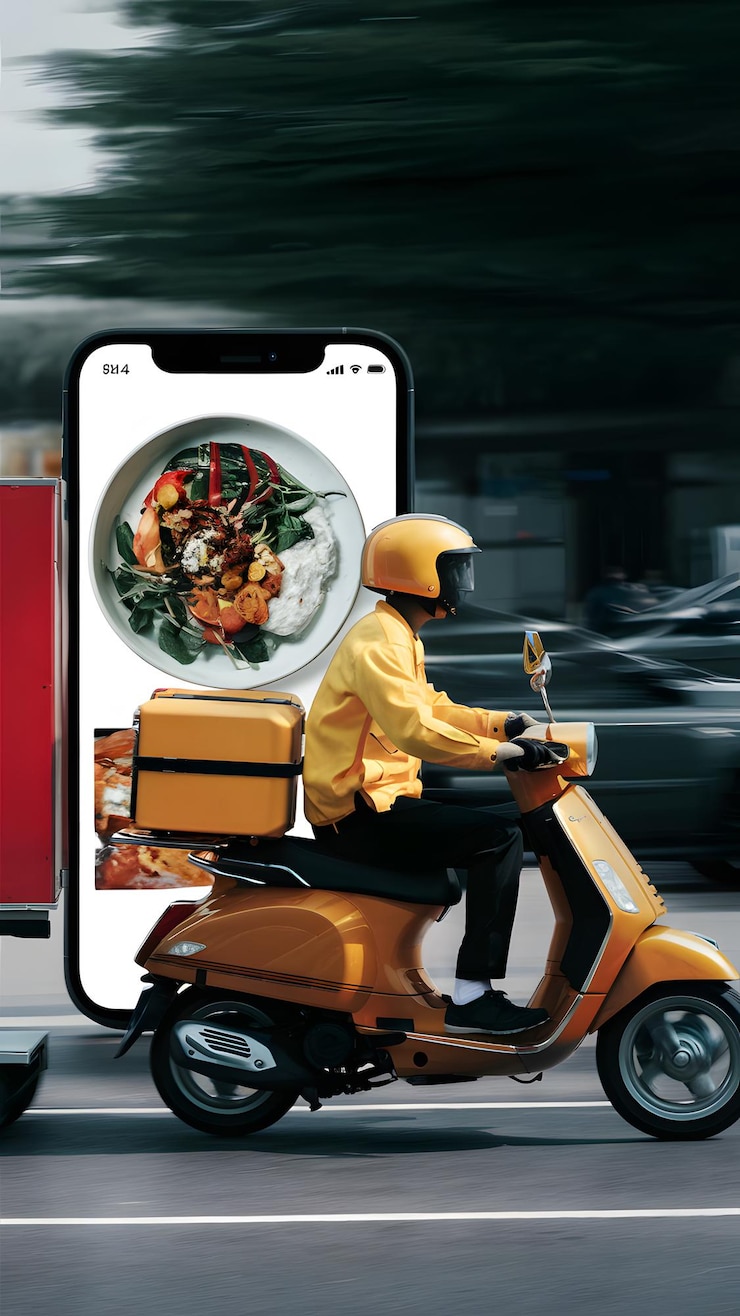 Foto pessoa de entrega em scooter amarelo com smartphone fundo desfocado itens de comida exibidos vertical