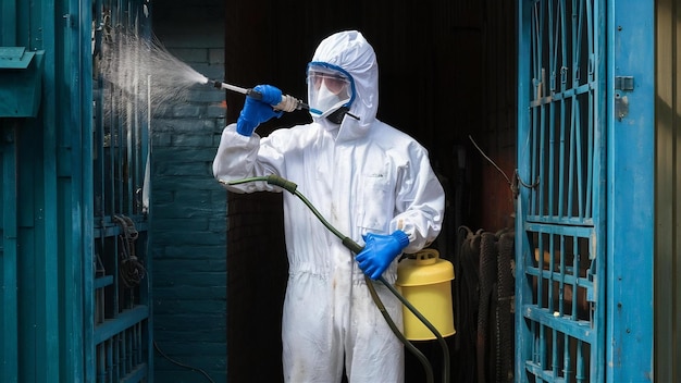 Pessoa de fato de proteção química branco fazendo desinfecção e controle de pragas e pulverizando veneno para