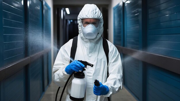 Foto pessoa de fato de proteção química branco segurando um pulverizador com produtos químicos desinfetantes para impedir a propagação