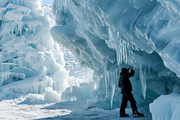 Pessoa de hotel de gelo em equipamento de clima frio esculpindo em uma parede gelada céus azuis e neve ao fundo