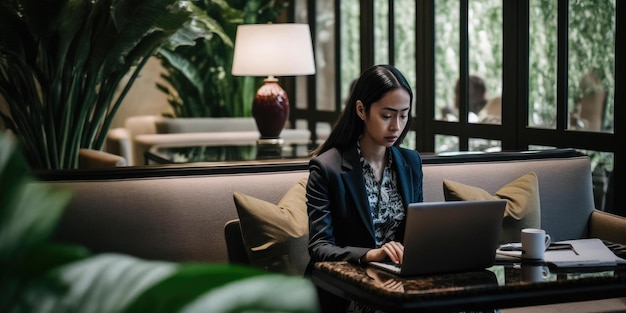 Pessoa de negócios usando computador portátil na visão sincera do saguão do hotel de luxo