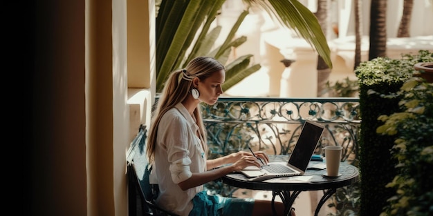 Pessoa de negócios usando computador portátil na visão sincera do saguão do hotel de luxo