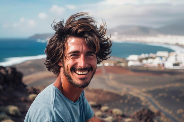 Foto pessoa de paisagem bruneta com sorriso dentado desfrutando de férias ensolaradas em lanzarote