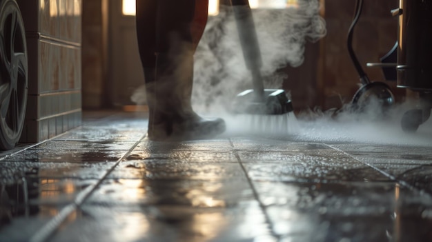 Foto pessoa de pé em um chão de azulejos com vapor saindo deles adequado para conceitos relacionados a spa de relaxamento, bem-estar e autocuidado