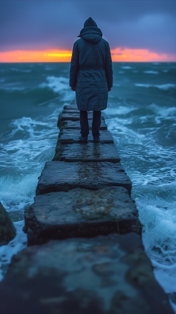 Foto pessoa de pé no cais olhando para o oceano