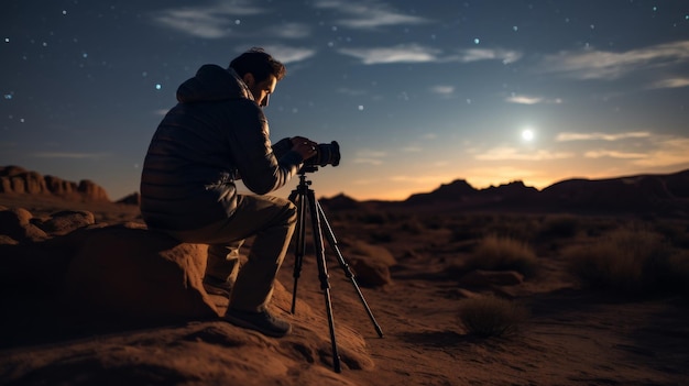 Pessoa de pé no deserto à noite
