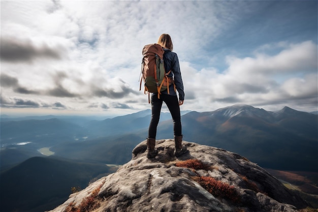 Pessoa de pé no topo de uma montanha e desfrutando da vista da natureza conteúdo gerado por IA