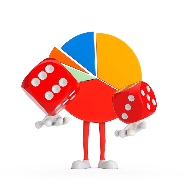 Pessoa de personagem de gráfico de pizza de gráficos de informações com cubos de dados de jogo vermelho em renderização 3d de voo