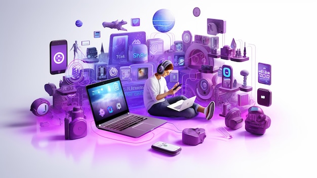 pessoa de tecnologia 3D tocando telefone tv tablet wi-fi fundo branco roxo