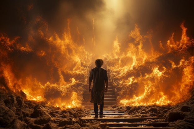 Pessoa descendo a escada para o inferno através do fogo após a morte Generative Ai