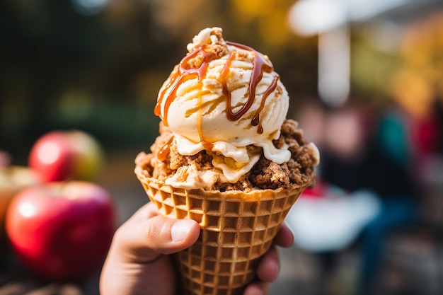 Pessoa desfrutando de sorvete com sabor a maçã em um cone de waffle