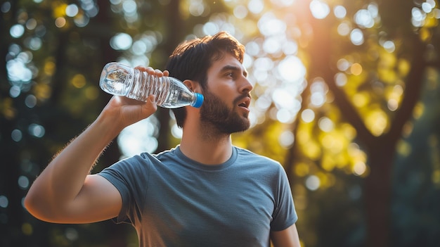 Foto pessoa desportiva a beber água a treinar num parque público a ouvir música conceito de nutrição desportiva