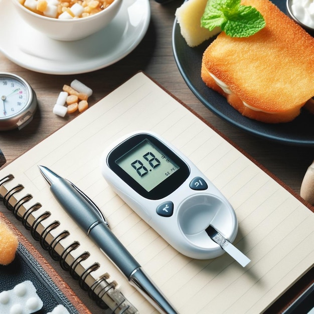 Pessoa diabética usando um glicômetro em fundo de madeira