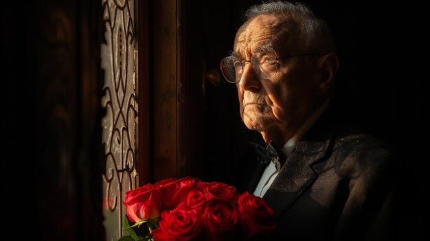 Foto pessoa elegante segurando um buquê de rosas vermelhas por uma porta decorativa perfeita para o amor romântico