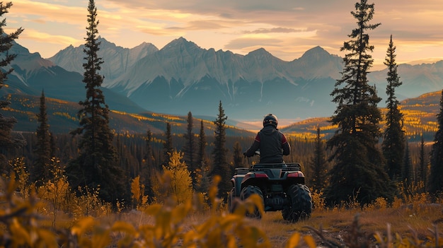 Pessoa em ATV desfrutando de uma vista da montanha durante a hora dourada