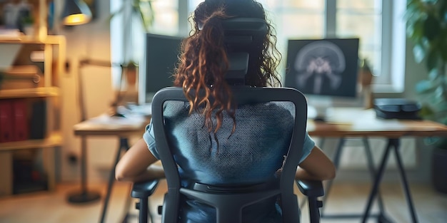 Pessoa em cadeira de escritório com dor lombar Conceito Ergonomia de escritório Alívio de dor lomboar dicas de postura de cadeira