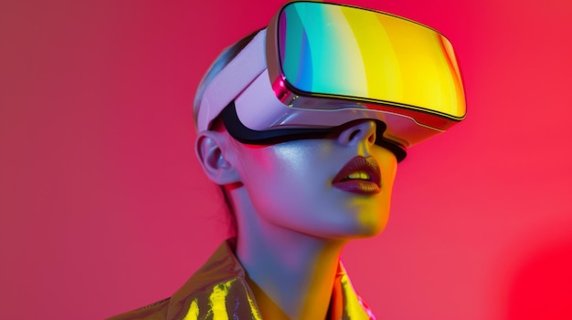 Pessoa em fone de ouvido VR em fundo colorido Experiência imersiva de realidade virtual