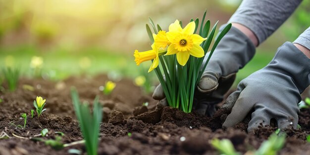 Pessoa em luvas plantas de narcisos amarelos no jardim em canteiro de flores com solo rico e luz solar