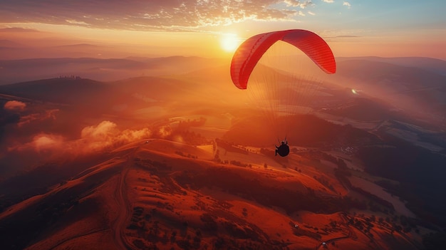 Pessoa em parapente no céu ao pôr-do-sol