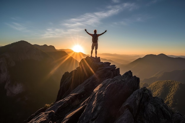 Pessoa em pé no topo de uma montanha durante um belo pôr do sol Generative AI