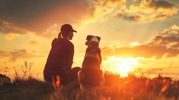 Foto pessoa em silhueta com um cão assistindo a um pôr-do-sol vibrante em um campo