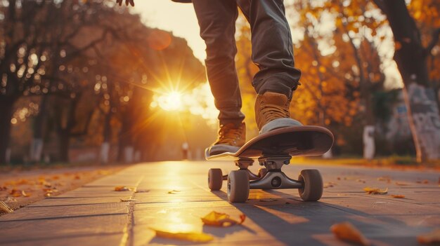 Pessoa em um skate cruzando uma rua ao pôr do sol